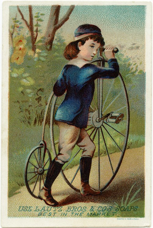 Victorian trade card, vintage advertising card, boy bike clipart, free vintage ephemera, old fashioned bicycle, Lautz soaps advertising