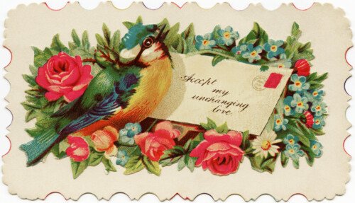 Victorian calling card, vintage card flowers bird, vintage floral clip art, old fashioned ephemera free