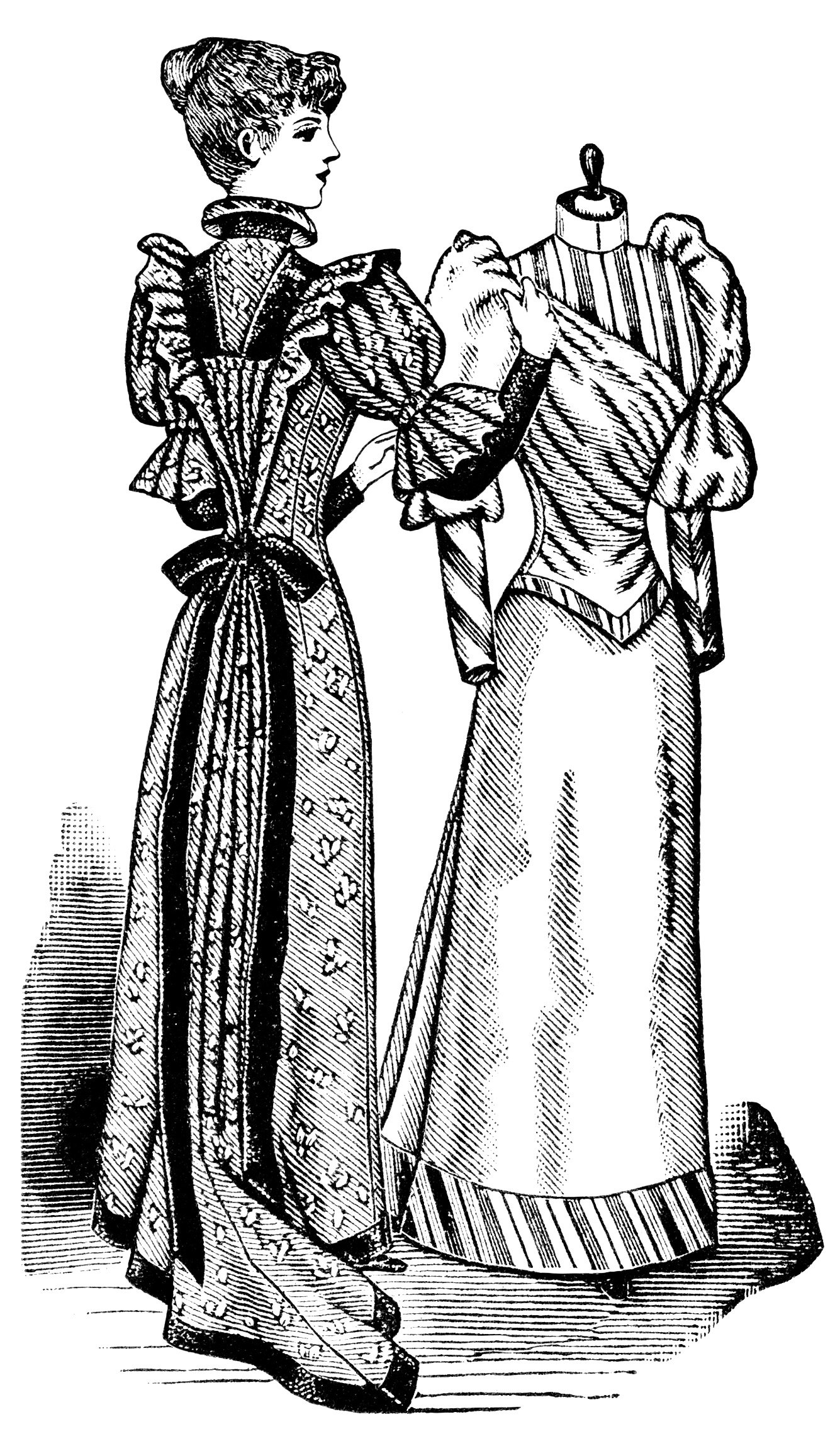 antique dress form, black and white clipart, halls bazaar form, old fashioned skirt form, vintage sewing clip art, vintage magazine ad