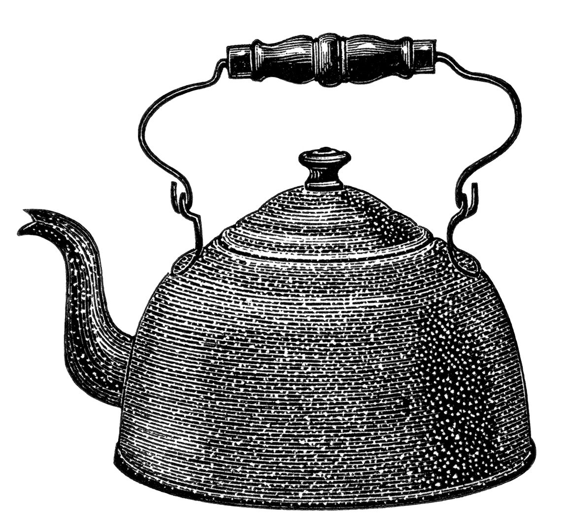 black and white clip art, enamel kettle illustration, vintage kitchen graphics, antique kettle clipart, old catalogue ad
