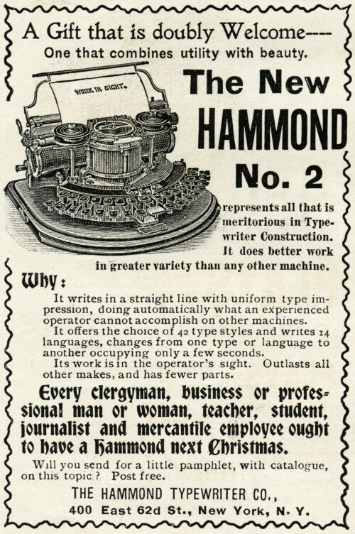 antique typewriter, black and white clipart, old magazine ad, vintage office clipart, Hammond typewriter illustration