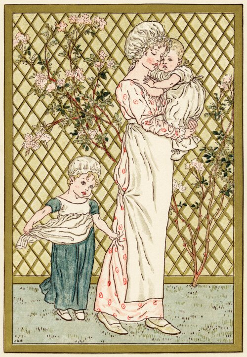 Kate Greenaway, vintage storybook clipart, mother child clip art, day in childs life image, Victorian mom children illustration