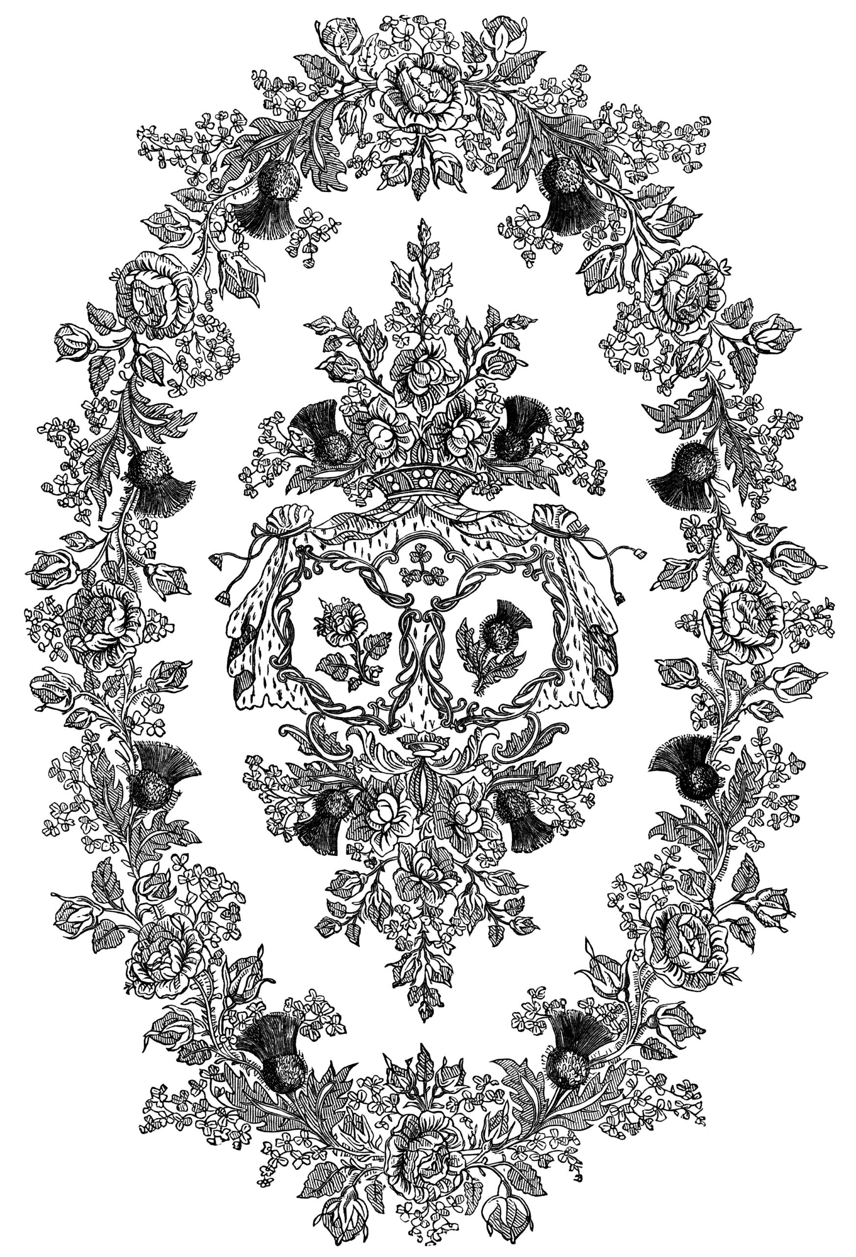 black and white clipart, ornamental floral illustration, ornate swirl design, vintage frame engraving, point embroidery pattern, vintage embroidery design