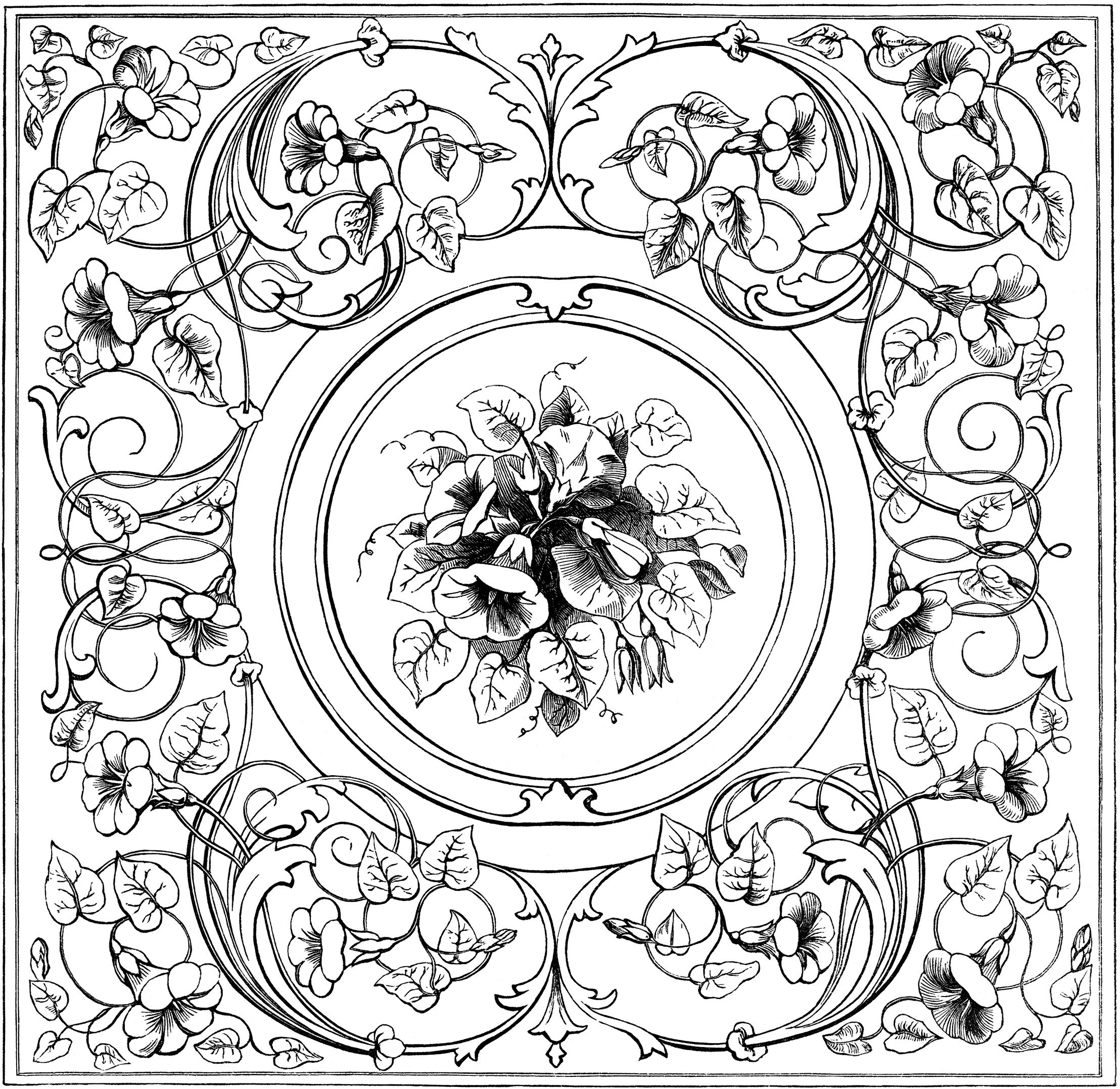 black and white clip art, ornate swirl design, ornamental floral sketch, old fashioned embroidery pattern, vintage fancy frame
