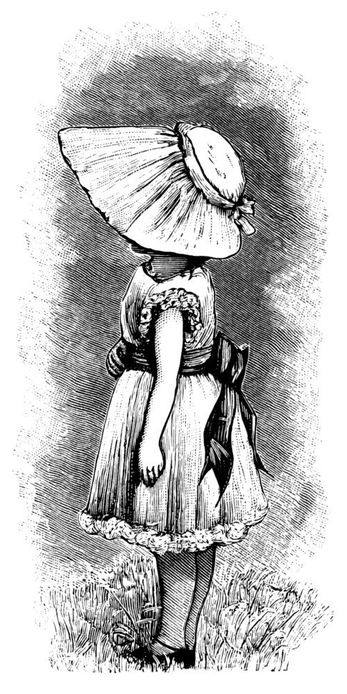 Victorian girl, vintage sunbonnet clipart, black and white clip art, Victorian child illustration, girl dress bonnet image