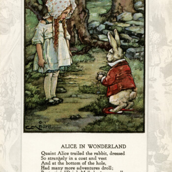 Alice in Wonderland printable, vintage storybook illustration, alice and the rabbit, vintage fairy tale graphics, alice in wonderland poem, alice in the forest