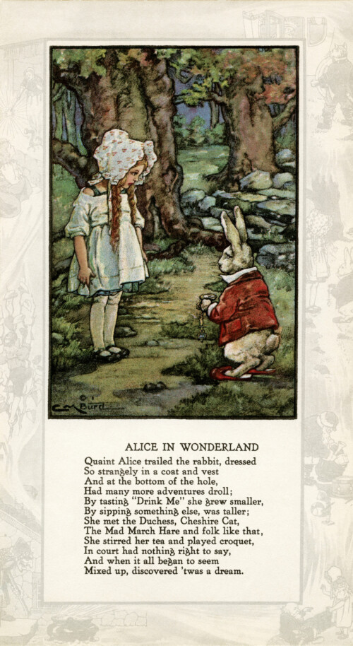Alice in Wonderland printable, vintage storybook illustration, alice and the rabbit, vintage fairy tale graphics, alice in wonderland poem, alice in the forest