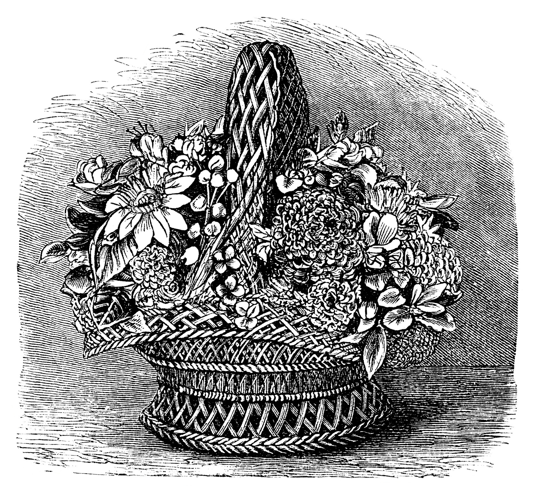 basket of shell flowers, vintage clipart flowers, black and white clip art, floral arrangement in basket, cassells vintage engraving flowers