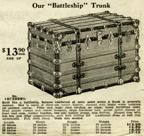vintage trunk clipart, antique trunk illustration, battleship trunk image, black and white clip art free, vintage catalog ad