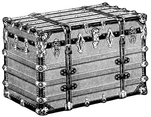 vintage trunk clipart, antique trunk illustration, battleship trunk image, black and white clip art free, vintage catalog ad