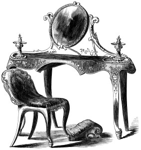 Victorian furniture illustration, vintage dressing table, black and white graphics free, old fashioned furniture, antique makeup table