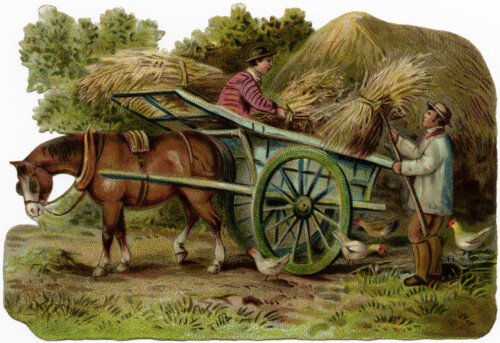 Victorian farm scene, vintage farm clip art, horse drawn wagon clipart, old fashioned farmer, farmers loading hay illustration