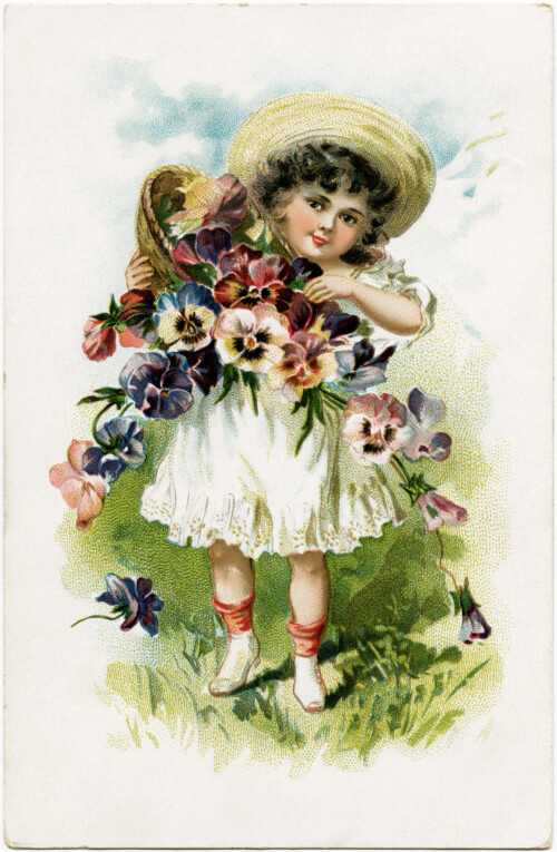 Victorian girl clipart, old postcard graphics, vintage flower girl, public domain child image, antique love card