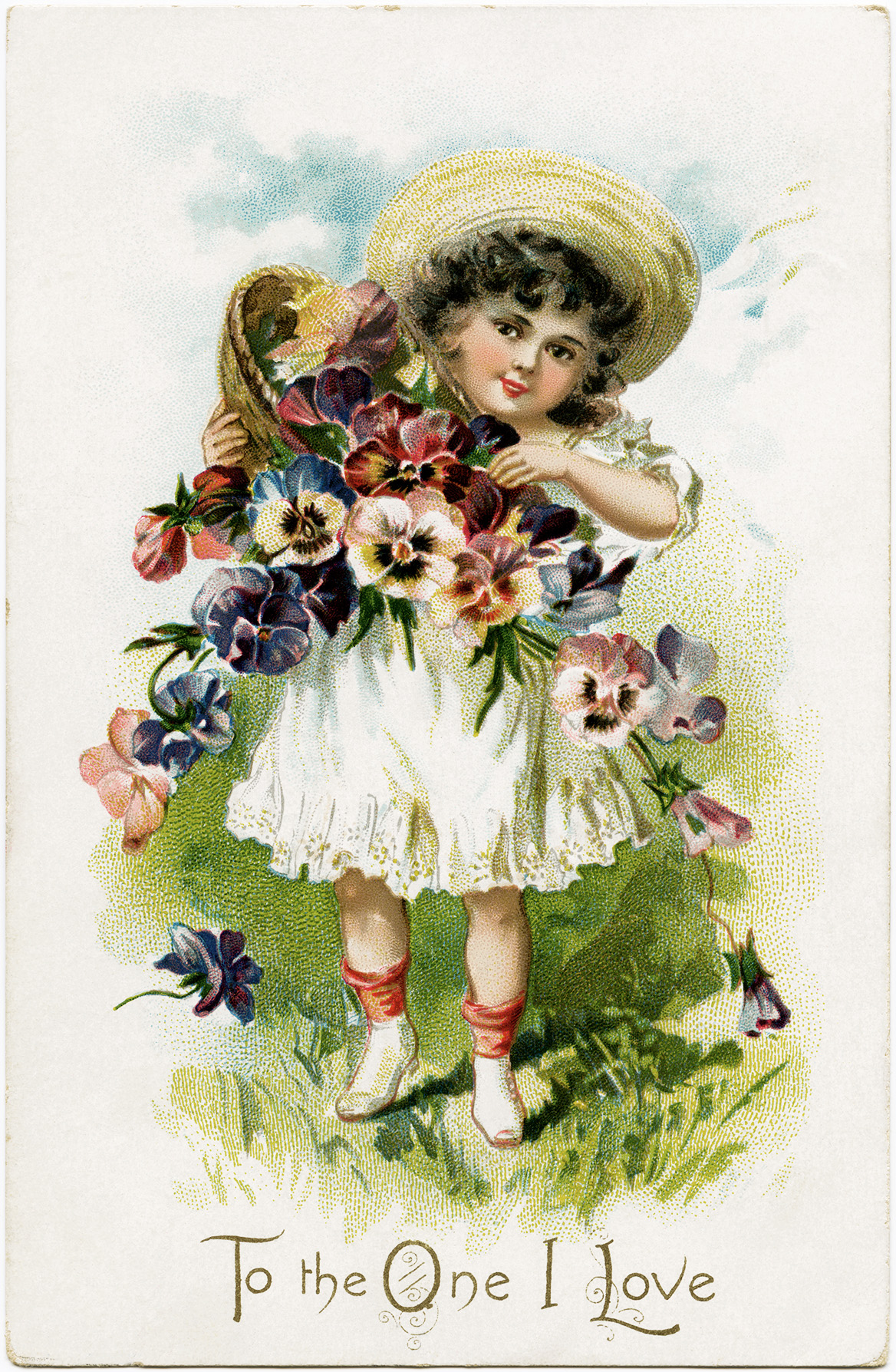Victorian girl clipart, old postcard graphics, vintage flower girl, public domain child image, antique love card