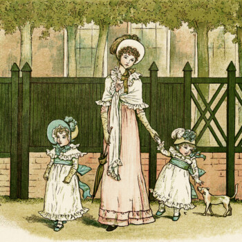 Kate Greenaway, Marigold Garden, Victorian storybook illustration, Going to see Grandma, vintage mother and children picture
