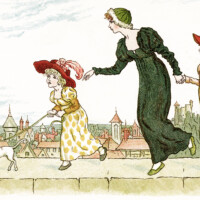 Kate Greenaway, Marigold Garden, Victorian storybook image, on the wall top, mother and child clip art