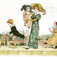 Kate Greenaway, Marigold Garden, Victorian storybook image, on the wall top, mother and child clip art