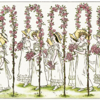 free clipart wedding, Kate Greenaway, Marigold Garden, old fashioned wedding illustration, under rose arches, vintage bridesmaids image, Victorian storybook wedding