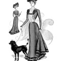Victorian lady with poodle, victorian fashion plate, woman walking dog illustration, promenade gown vintage clipart, black and white fashion graphics