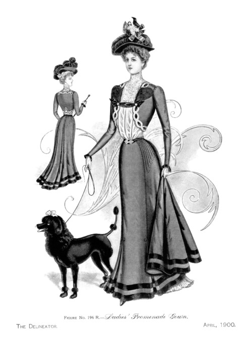 Victorian lady with poodle, victorian fashion plate, woman walking dog illustration, promenade gown vintage clipart, black and white fashion graphics