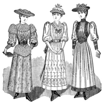Victorian teen girl clip art, antique misses clothing, black and white clipart, Edwardian dress image, vintage fashion illustration