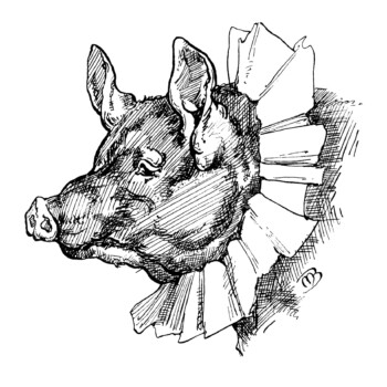 whimsical pig clip art, black and white graphics, vintage pig illustration, storybook pig clipart, pig with ruffled collar