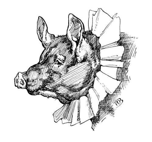 whimsical pig clip art, black and white graphics, vintage pig illustration, storybook pig clipart, pig with ruffled collar