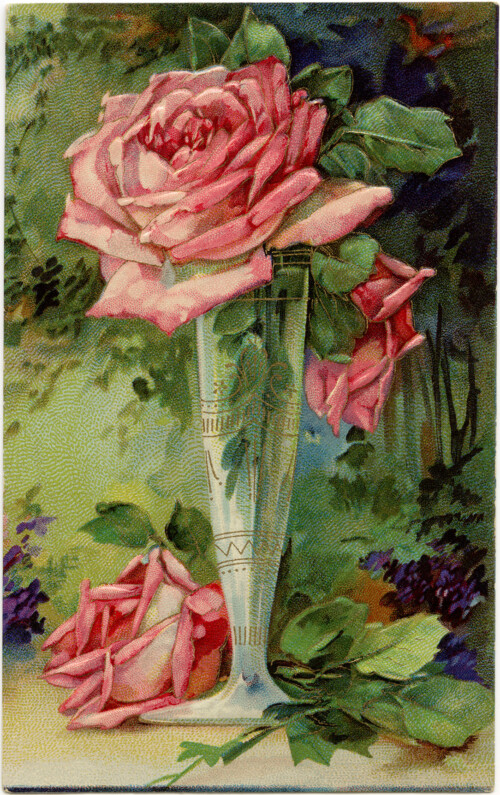 old fashioned birthday card, Victorian postcard graphics, vintage birthday postcard, vintage flower illustration, pink rose clip art