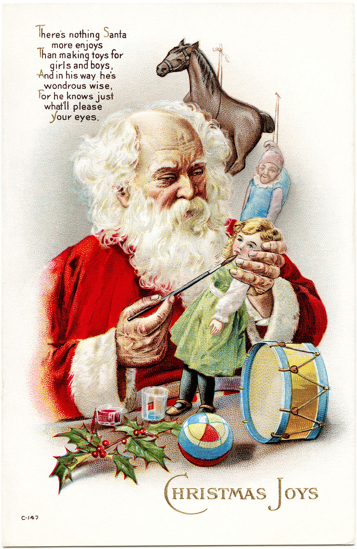 Victorian Christmas postcard, vintage Santa illustration, Santa painting doll face, Santa making toys image, old fashioned holiday card, St Nicholas workshop