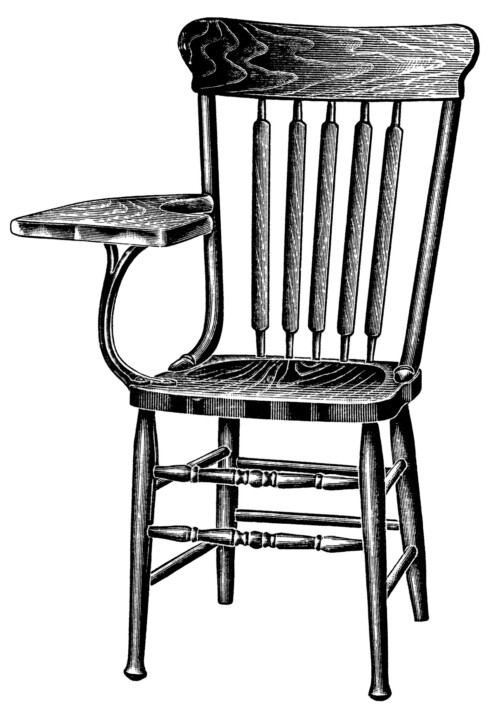 vintage school clipart, wooden tablet arm chair, black and white graphics free, digital stamp school, old fashioned chair illustration