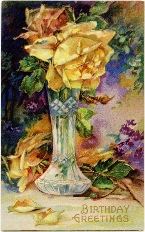 Victorian postcard graphics, vintage birthday postcard, yellow rose clip art, old fashioned birthday card, vintage flower illustration