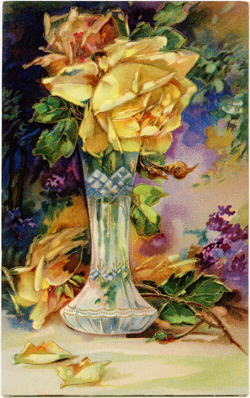 Victorian postcard graphics, vintage birthday postcard, yellow rose clip art, old fashioned birthday card, vintage flower illustration