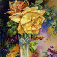 Free vintage clip art birthday postcard yellow rose in vase