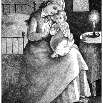 This vintage engraving features a young mother holding her baby on her lap. It appears that the baby is ready for bed and saying goodnight prayers. The image is titled Young Motherhood.