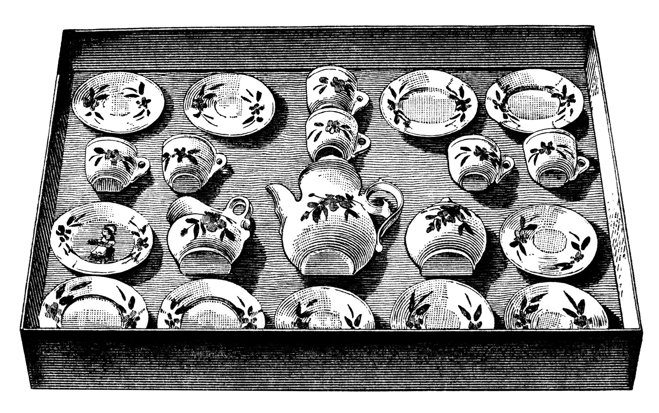 vintage toy clipart, china tea set illustration, black and white clip art, vintage kitchen printable, tea party image