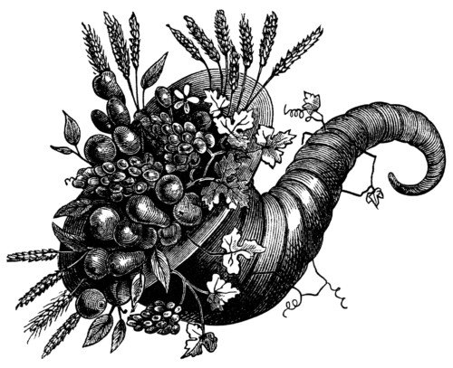 vintage clip art, cornucopia of flowers, cornucopia illustration, black and white clipart, horn of plenty picture