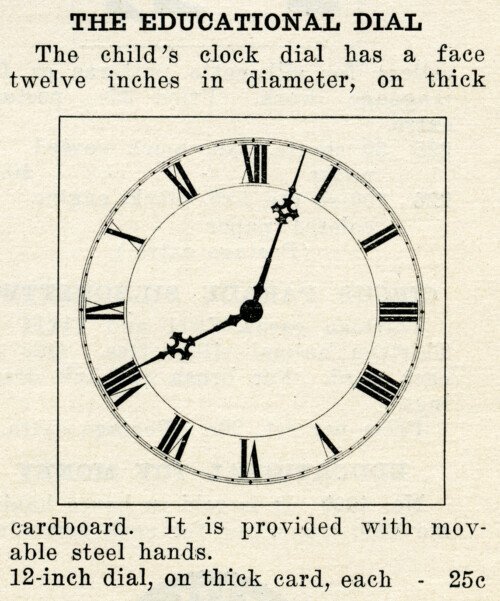 vintage school clip art, roman numeral clock graphics, old catalog ad, black and white graphics, teaching clock for child illustration