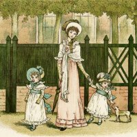 Kate Greenaway, Marigold Garden, Victorian storybook illustration, Going to see Grandma, vintage mother and children picture