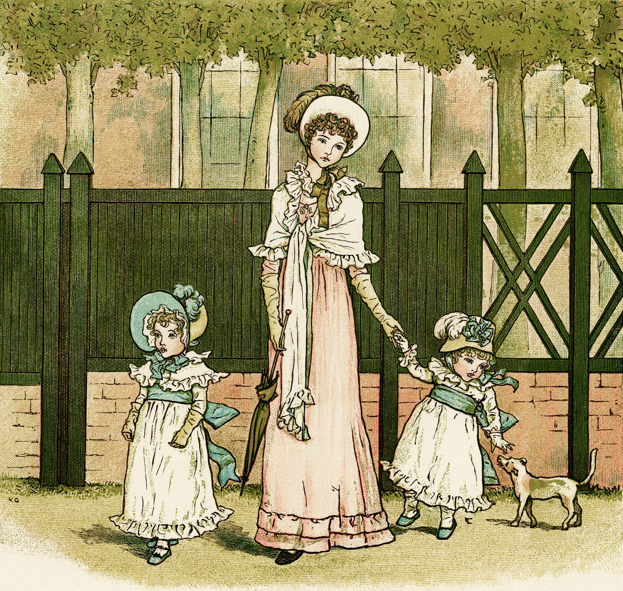 Kate Greenaway, Marigold Garden, Victorian storybook illustration, Going to see Grandma, vintage mother and children picture