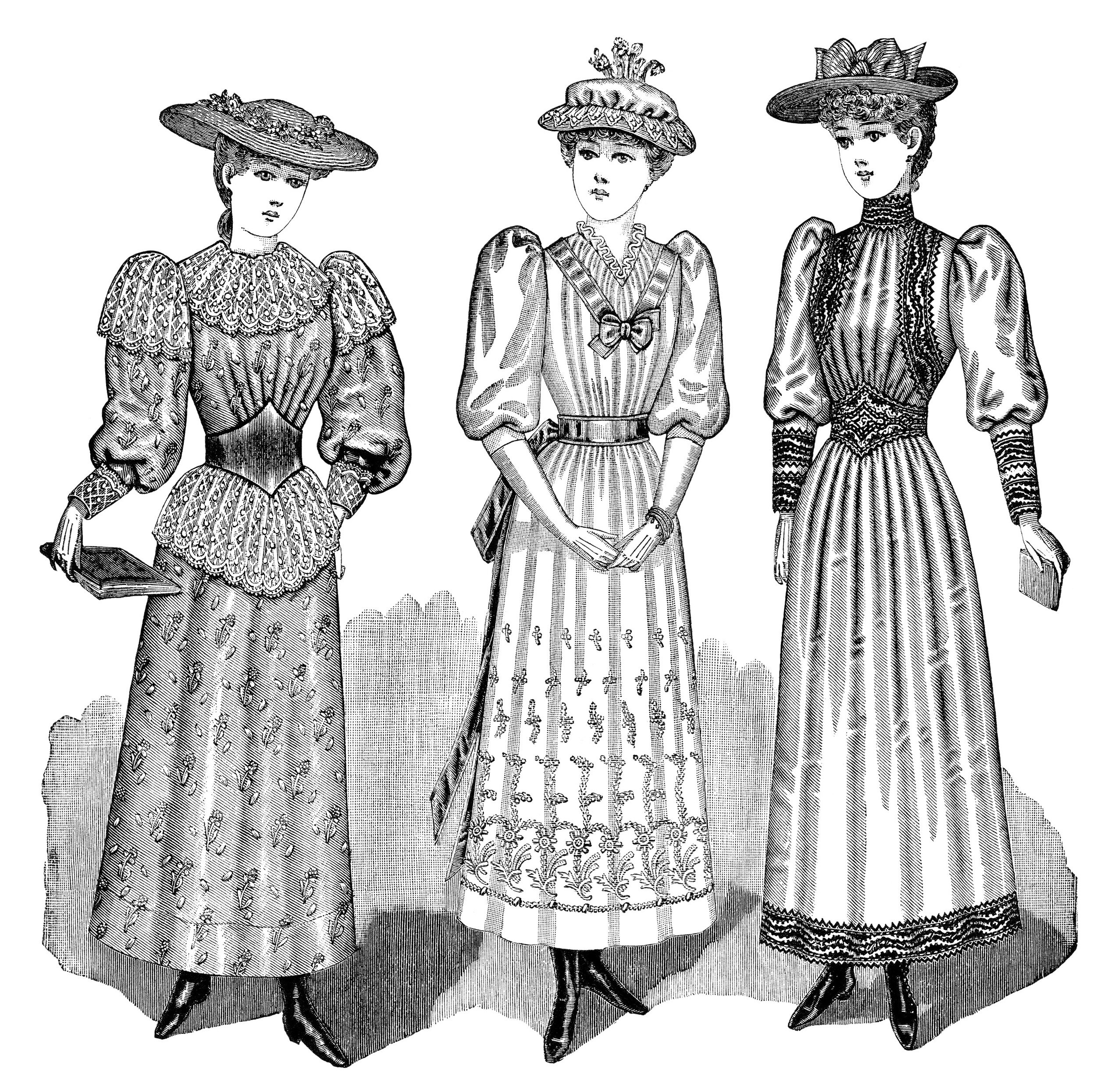 Victorian teen girl clip art, antique misses clothing, black and white clipart, Edwardian dress image, vintage fashion illustration