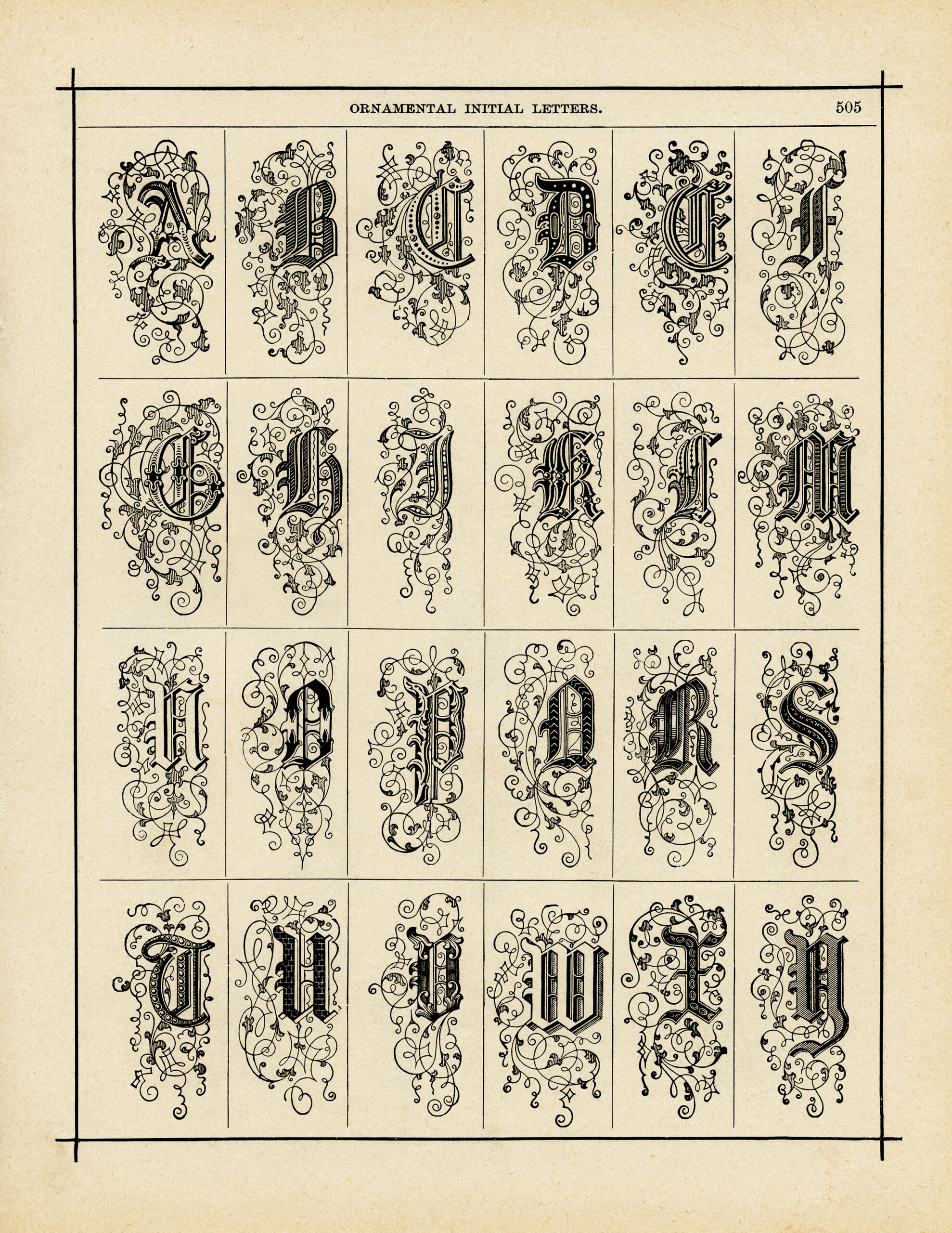 Victorian alphabet graphics, ornamental alpha, fancy monogram, old book page, vintage letters printable