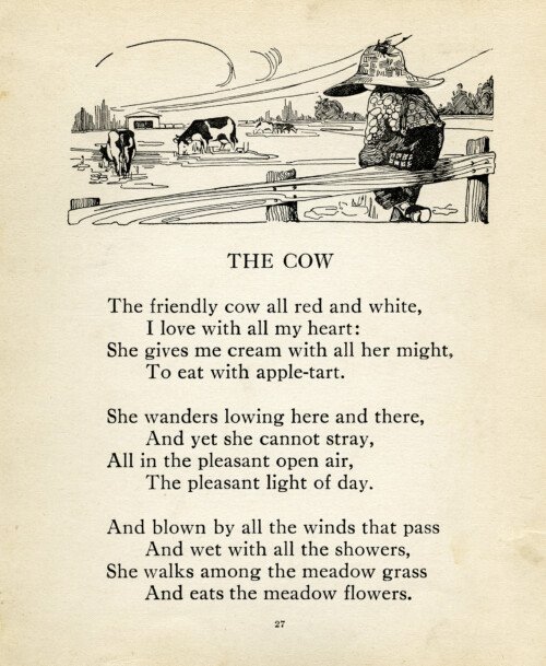 Louis Stevenson, cow poem, vintage cow clip art, farm boy image, black and white clipart child