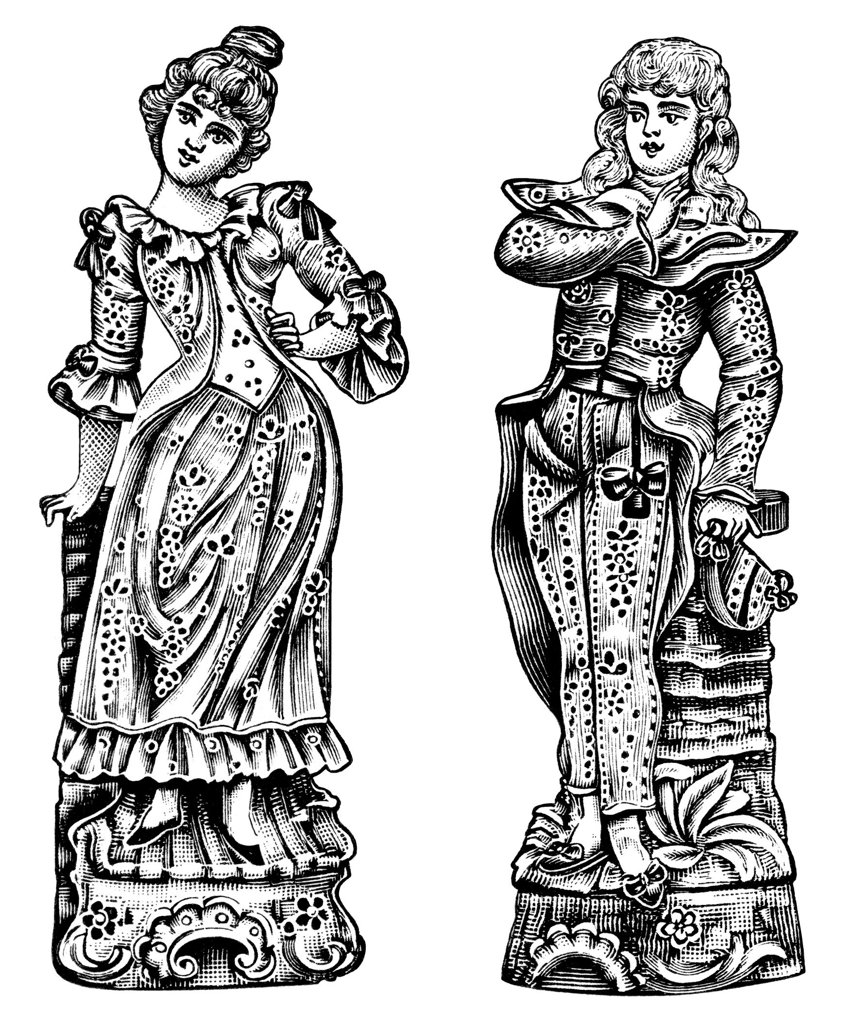 Victorian clip art, antique bisque figure, black and white graphics free, vintage man and woman clip art, Victorian couple illustration