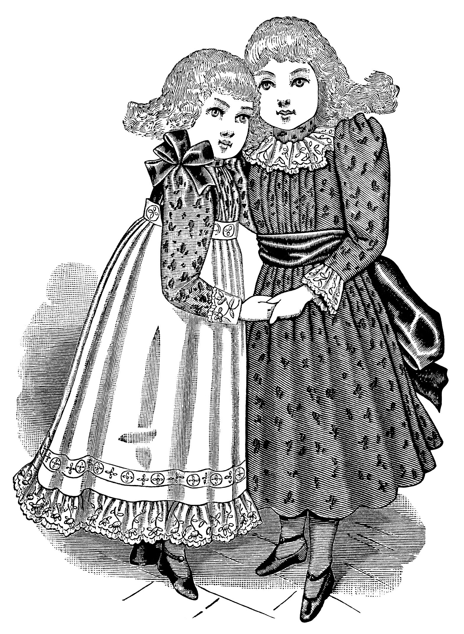 Victorian girl clip art, black and white clipart, vintage fashion illustration, vintage children printable, Edwardian girls fashion