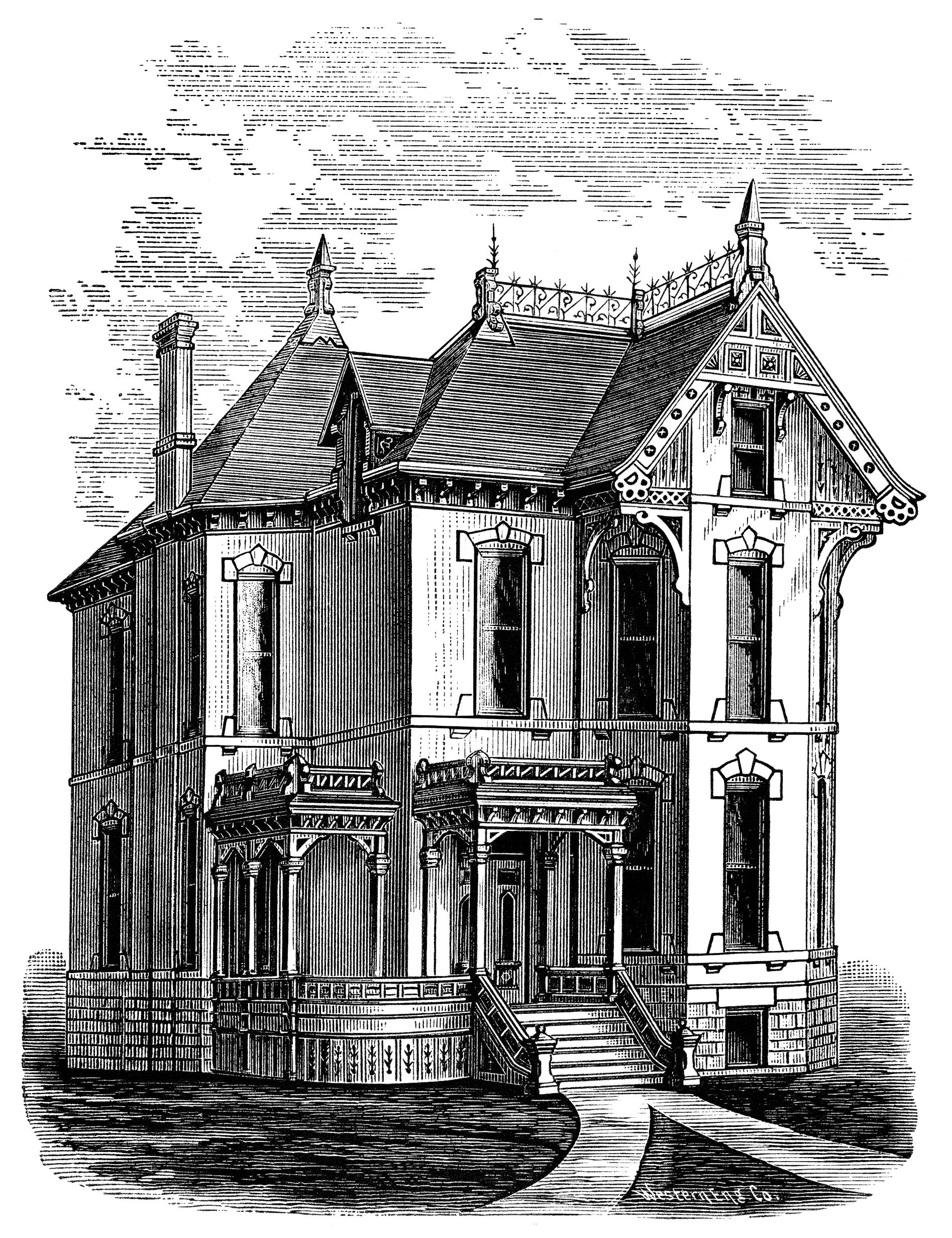 Victorian home clip art, haunted house illustration, spooky house, black and white graphics, Halloween clipart