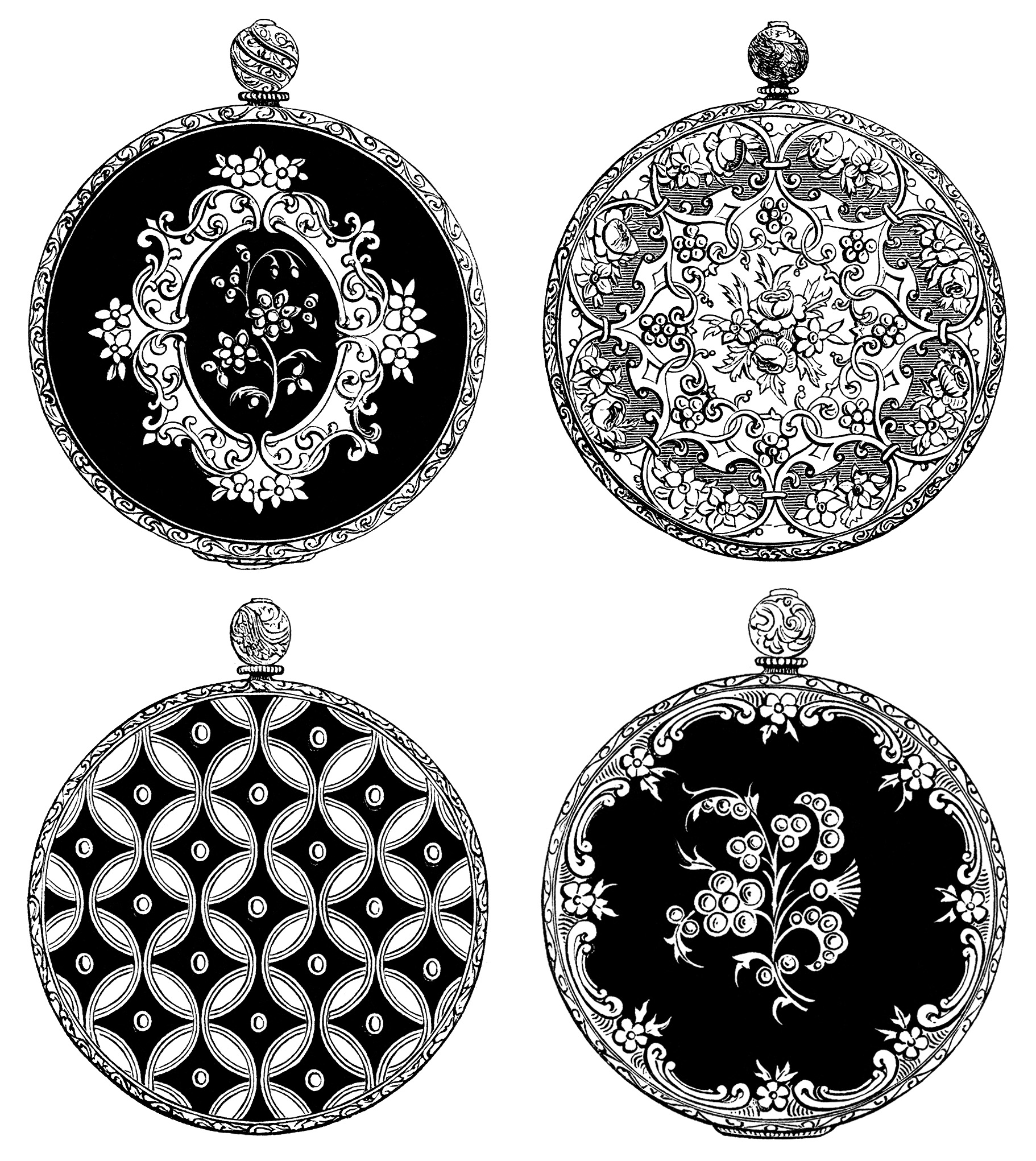 Victorian watch back, design medallion, ornamental design graphic, black and white clip art, vintage decorative round medallion