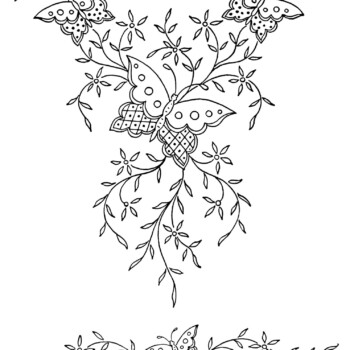 Victorian embroidery pattern, butterfly flower design, ornamental digital graphics, black and white clip art, vintage sewing clipart