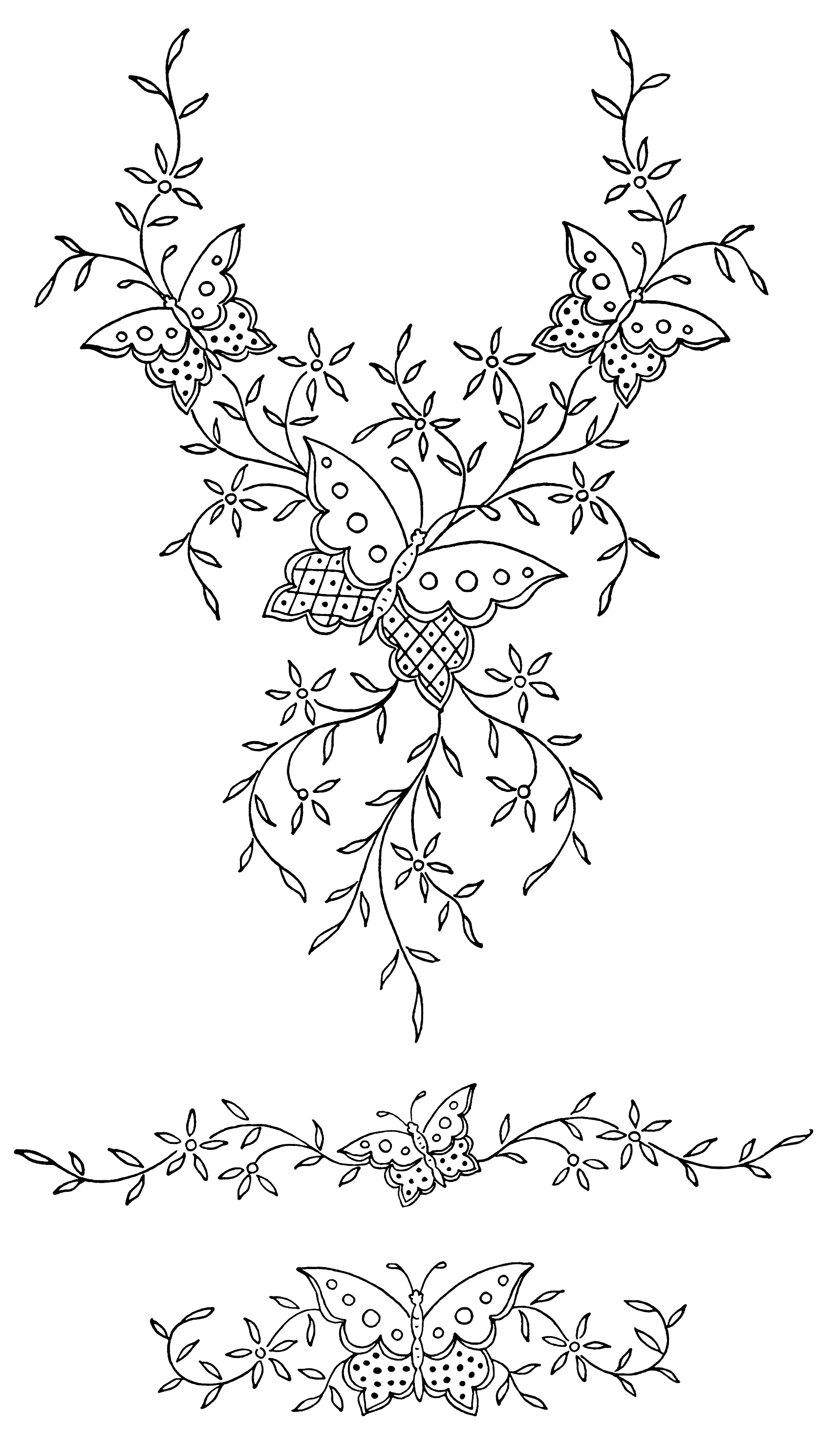 Victorian embroidery pattern, butterfly flower design, ornamental digital graphics, black and white clip art, vintage sewing clipart