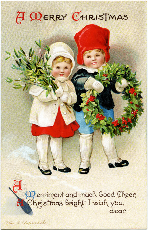 vintage Christmas postcard, Ellen Clapsaddle, Christmas girl boy illustration, Victorian Clapsaddle children, mistletoe holly berry wreath