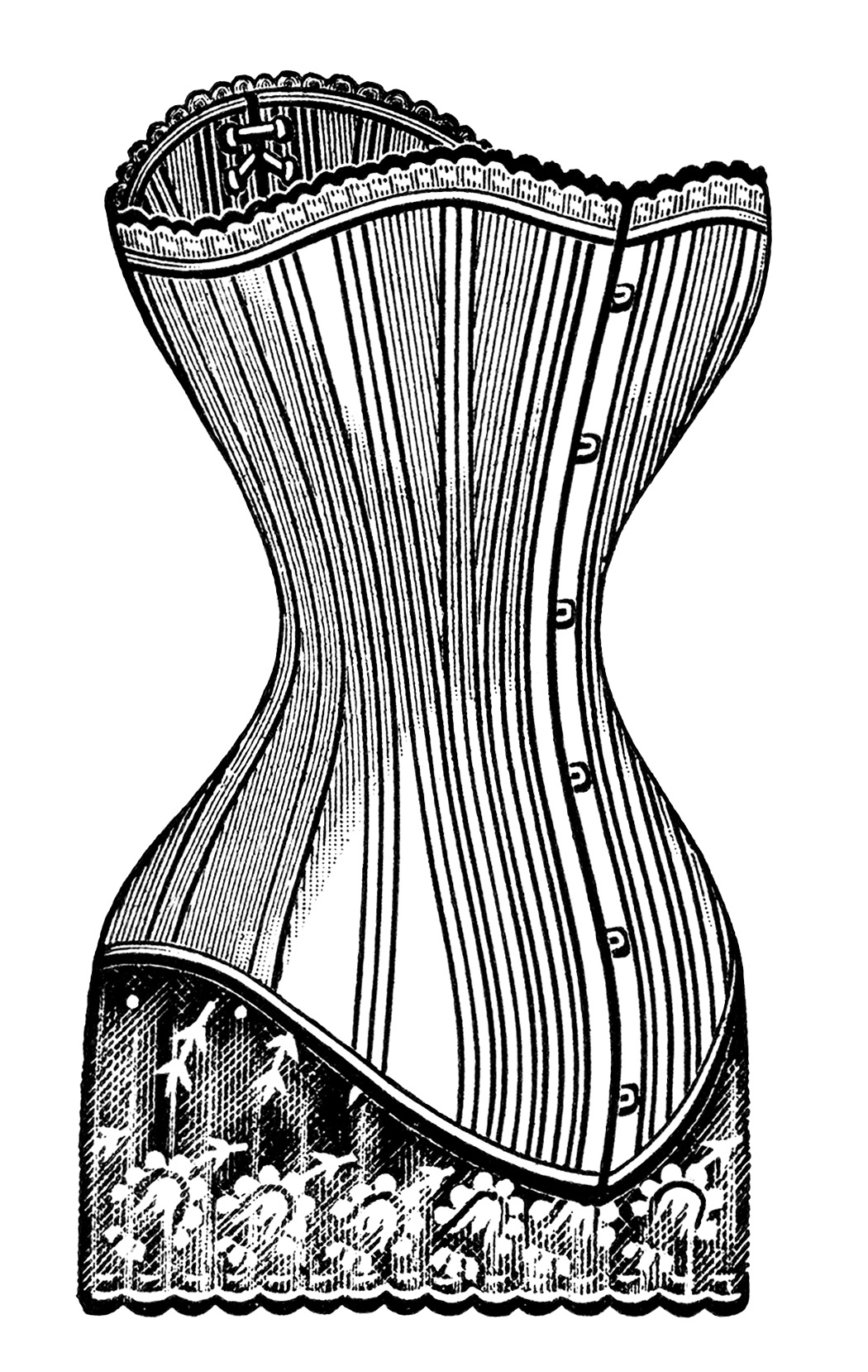 Victorian corset clip art, black and white graphics, steampunk corset image, Edwardian fashion illustration, vintage corset
